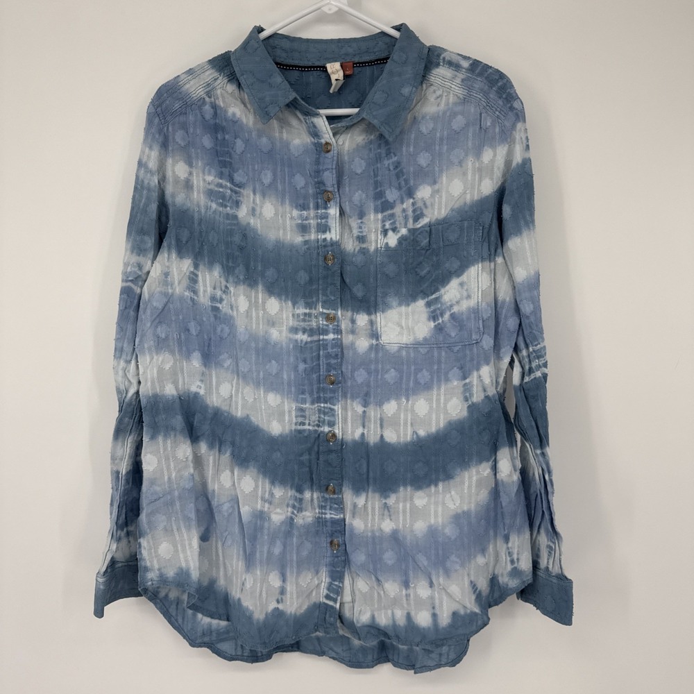 Anthropologie Pilcro Janesse Tie Dye Button Up Textured Shirt Blue Boho Beach L